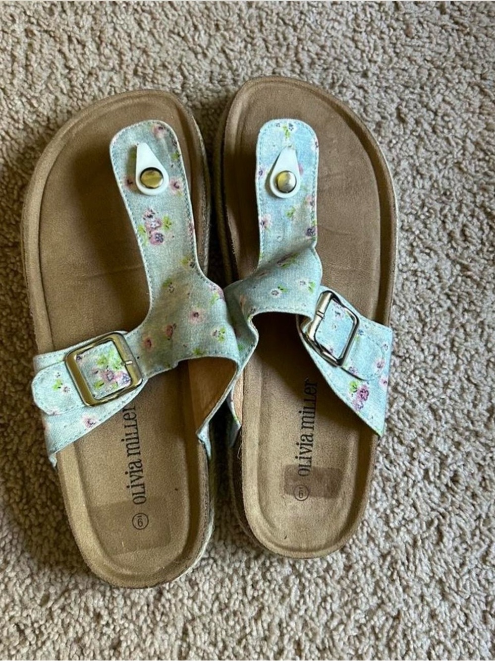 NWOT Olivia Miller Blue Floral T-Strap Contoured Footbed Sandals - Sz 9 - Picture 2 of 5